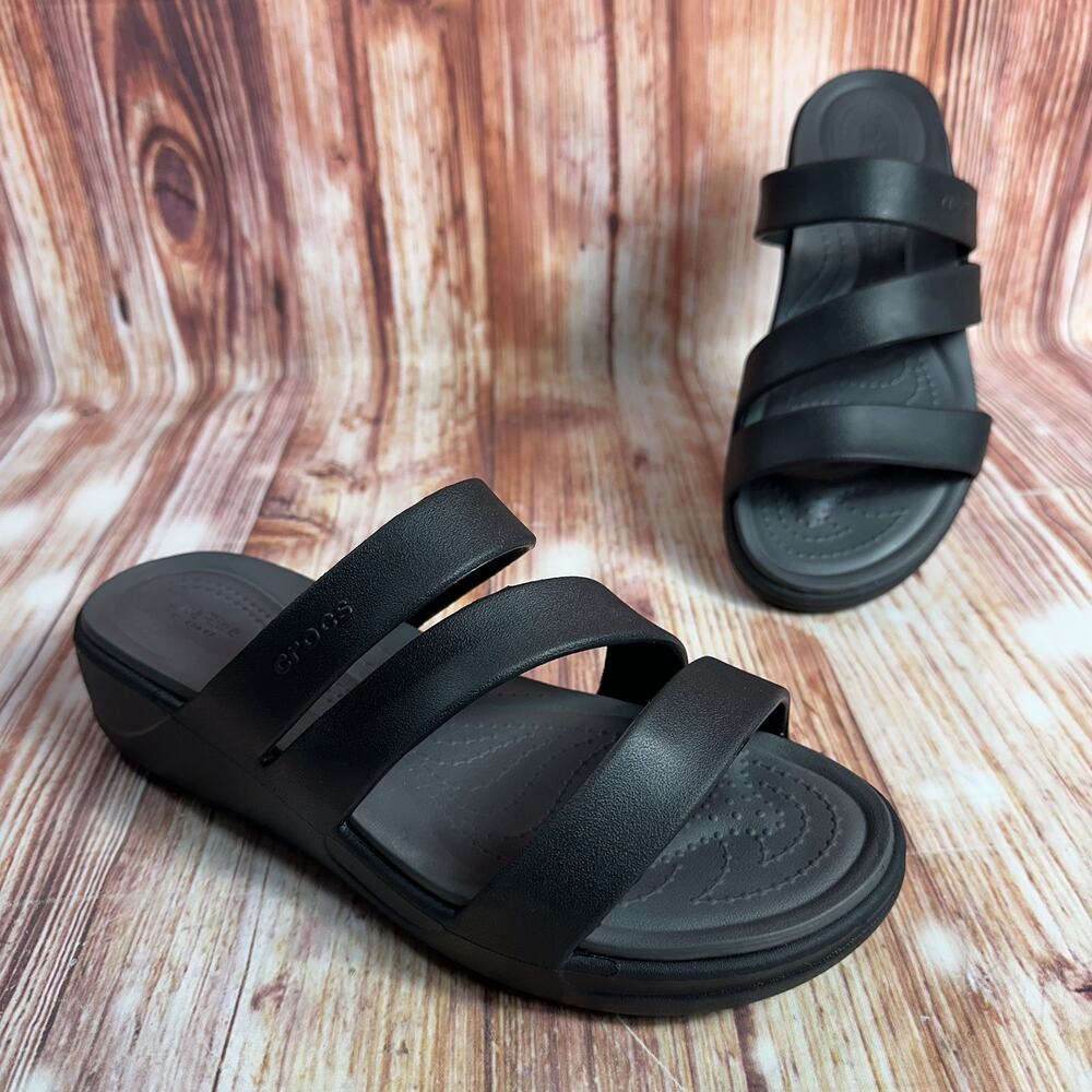 Crocs LiteRide BOCA Size 11 Black Strappy Wedge Slides Sandals Open Toe Shoes